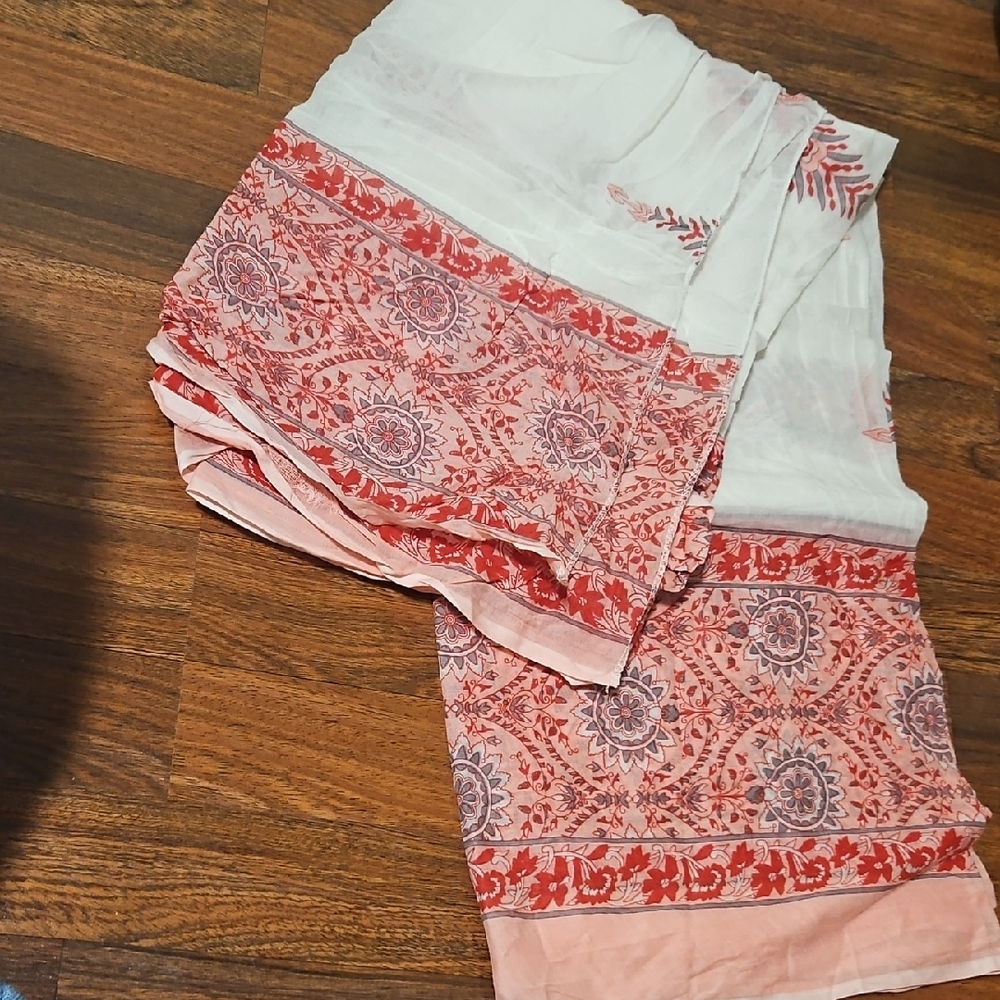 Floral Patterned Scarf with Red Accents